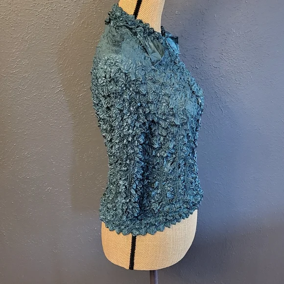 Tender Angel LLC Vintage 90s Green Button Up Popcor Polyester Blouse Small - Picture 4 of 10